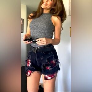 Distressed and sequins black denim shorts